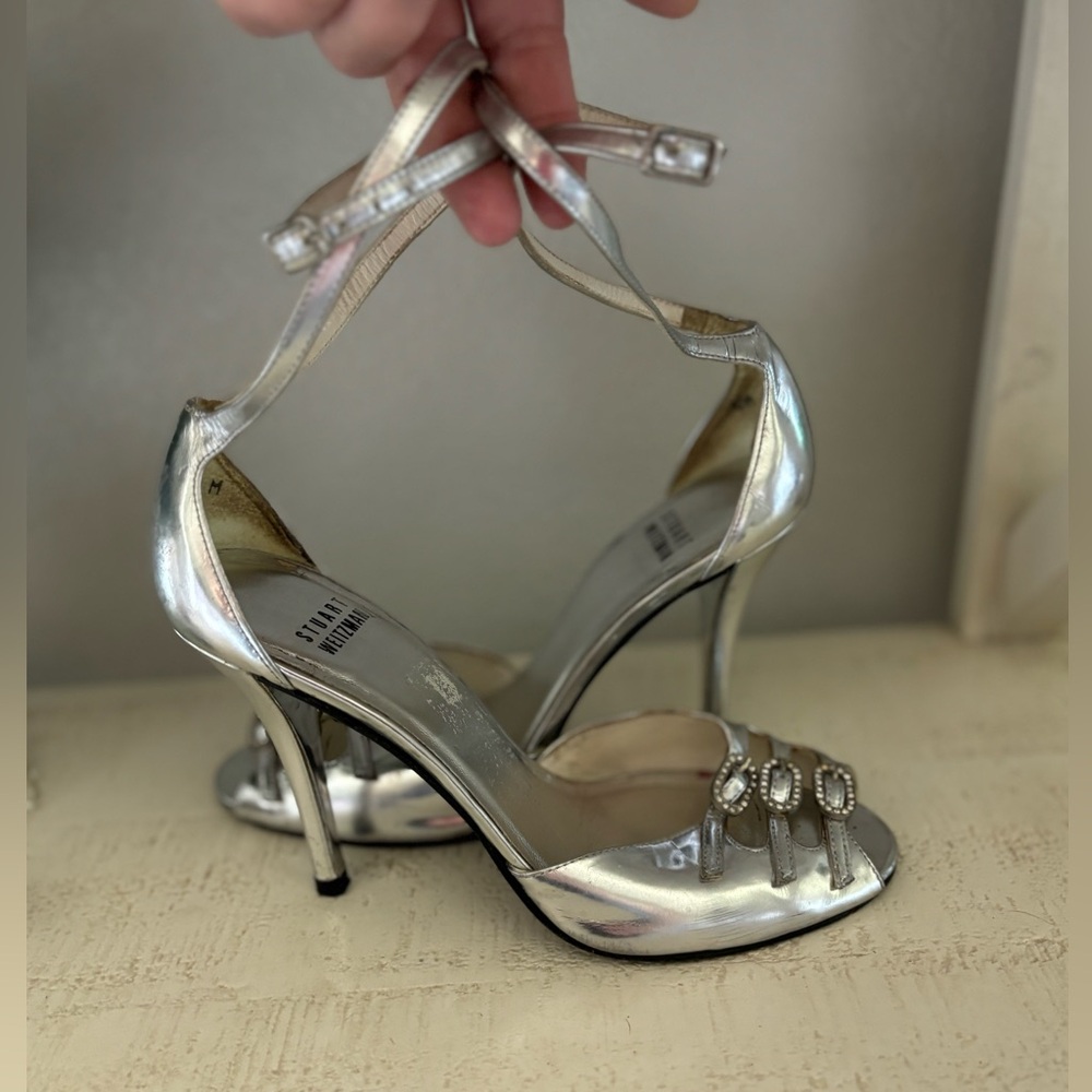 Stuart Weitzman Silver Strappy Stiletto Heels for Special Occasions